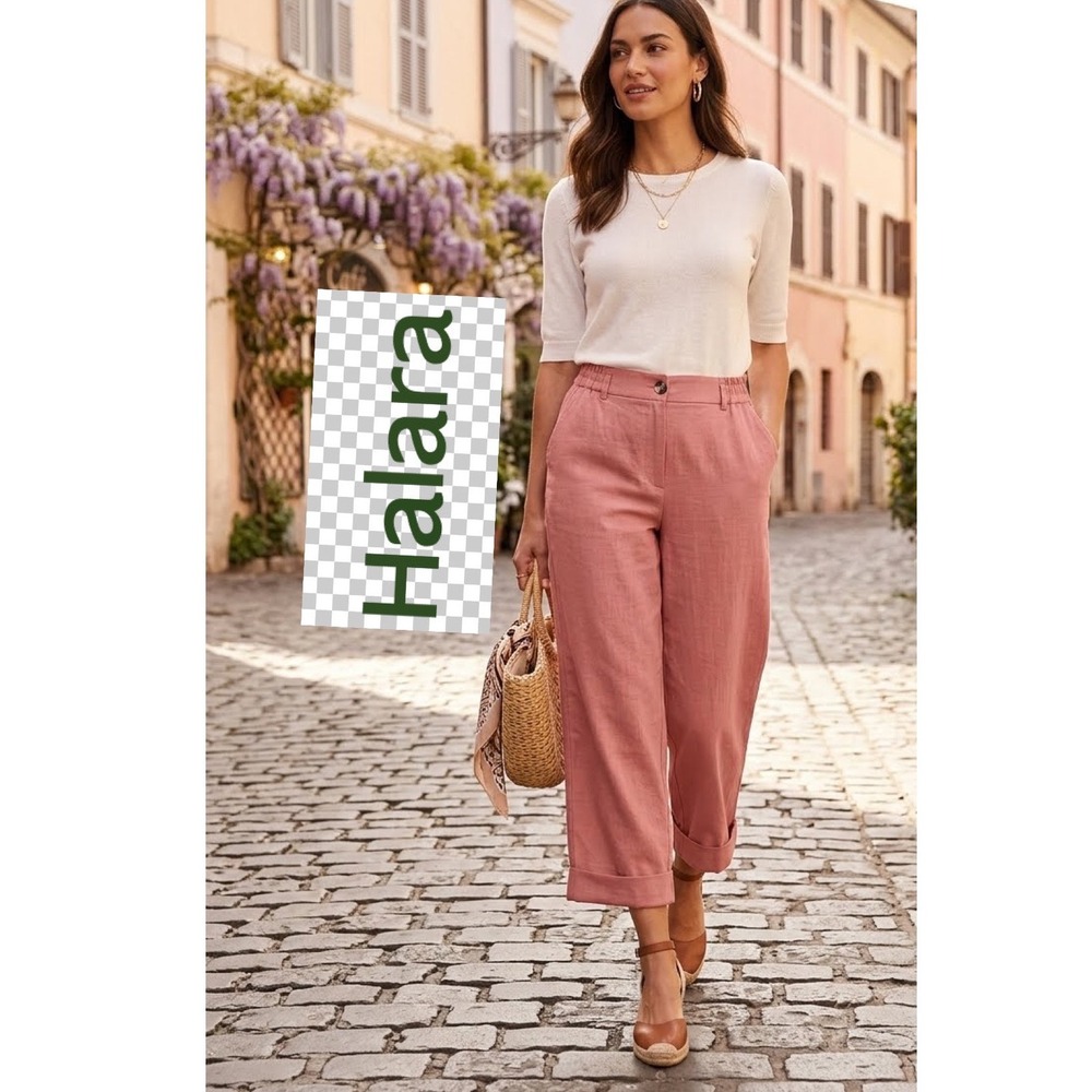 Halara High Waisted Wide Leg Cropped Pants Pink Rayon Blend Cuffed Hem NWT L